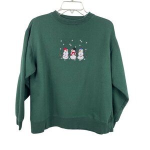Holiday Faire Green Snowman Embroidered Pullover Sweatshirt Medium